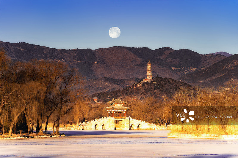 月落颐和园玉泉山图片素材