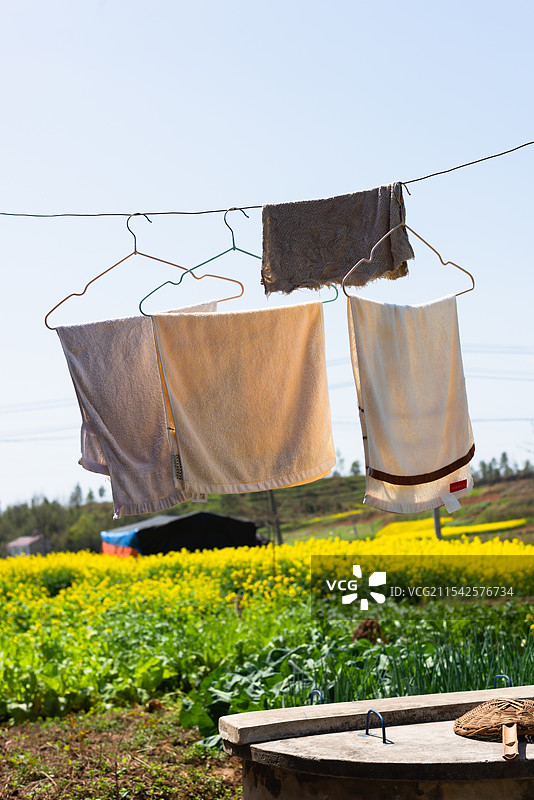 挂在晾衣绳上的几条毛巾图片素材