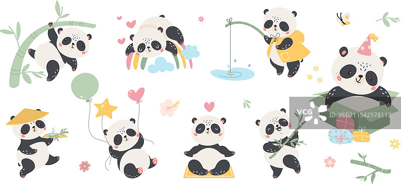 卡通熊猫角色，熊猫的各种姿势和动作图片素材