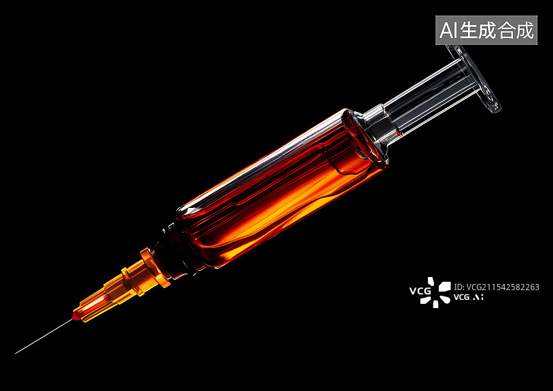 【AI数字艺术】一支注射器，背景是纯黑色的，注射器被置于光滑的表面上，反射出清晰的镜像。注射器内装有橙色液体，图片素材