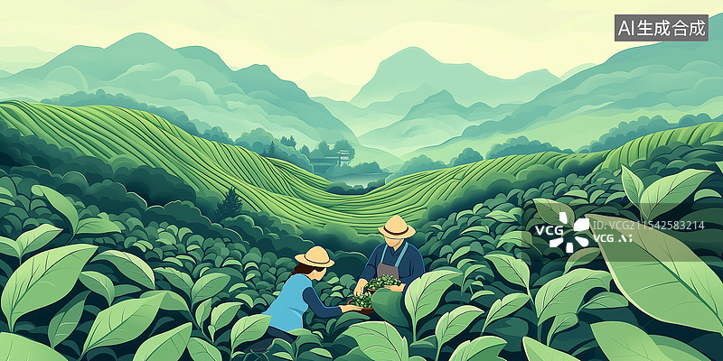 【AI数字艺术】茶园劳作图图片素材