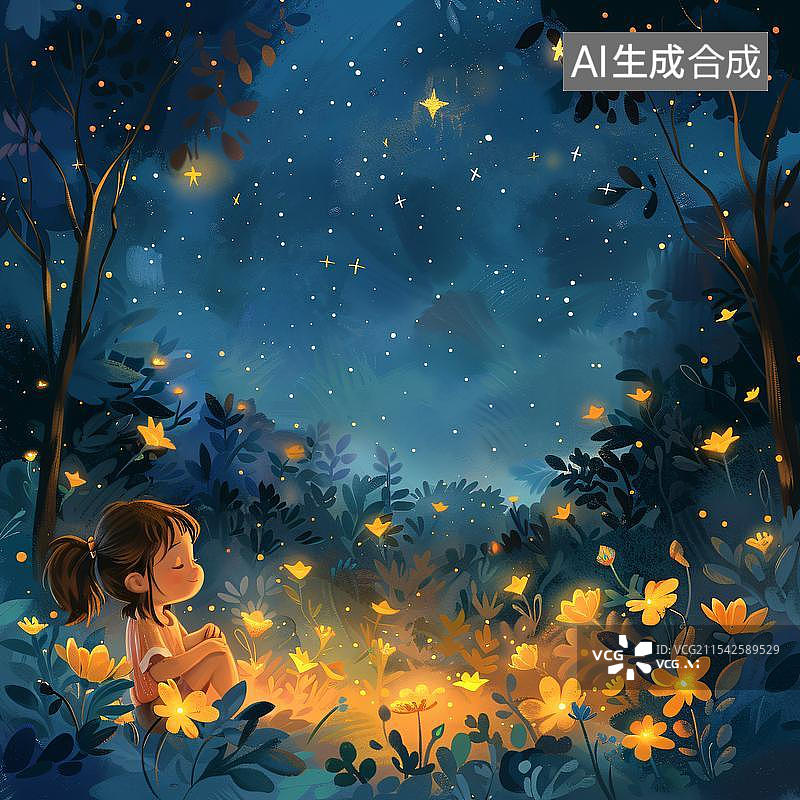 【AI数字艺术】一个小女孩站在森林里抬头看满天星空图片素材