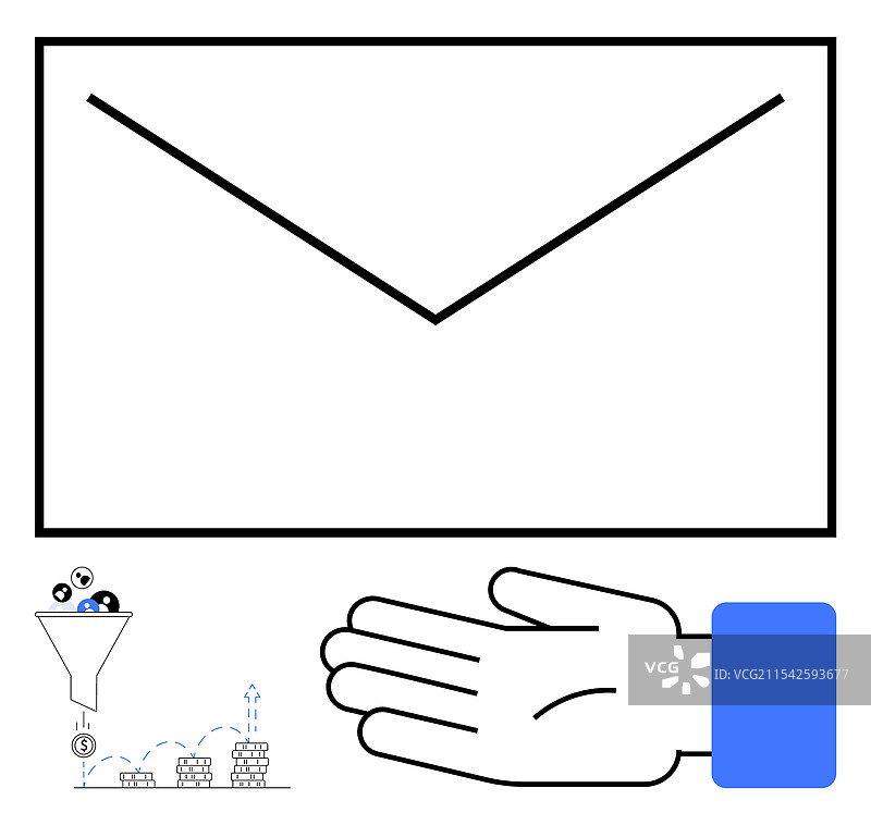 带有金融符号的信封和一只张开的手图片素材