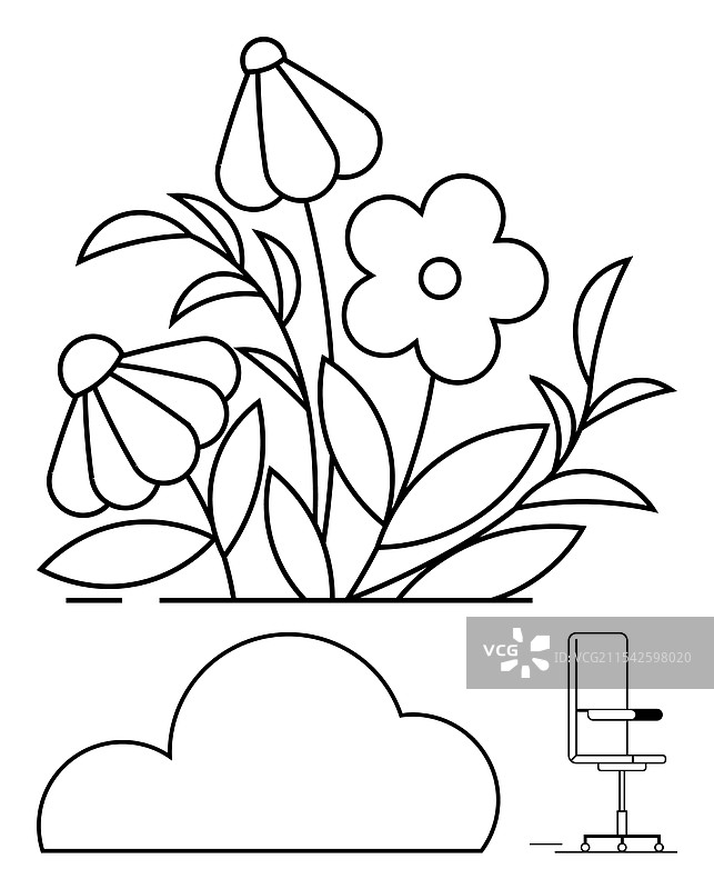 花园中的抽象花朵与云朵和办公室图片素材