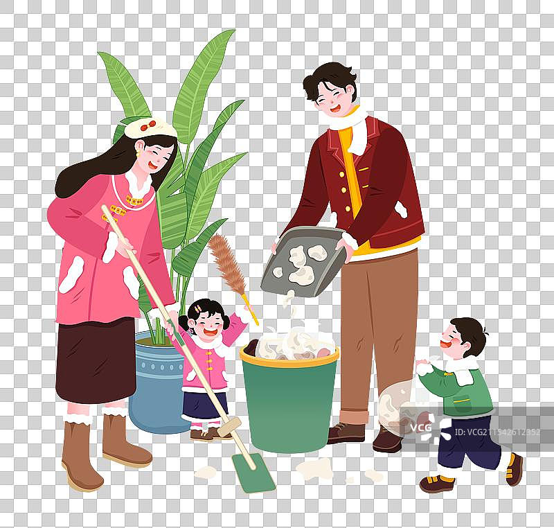 新年春节年俗大年初六正月初六送穷日庆祝拜年打扫卫生全家福插画图片素材