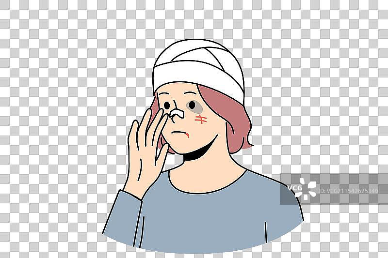 头部缠着绷带、身上有伤痕的受虐女性图片素材