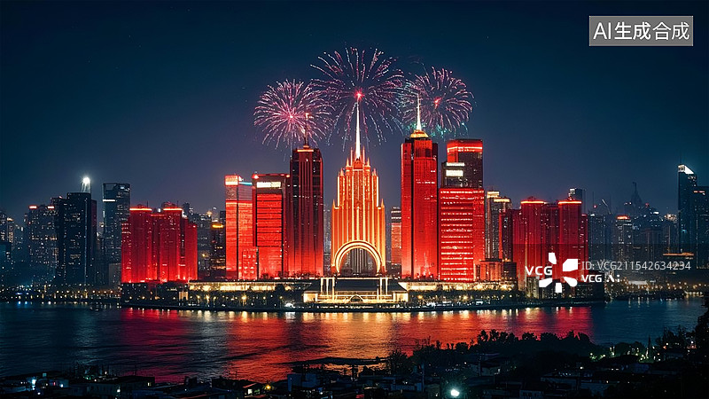 【AI数字艺术】城市夜景 烟花庆典 红色光影图片素材