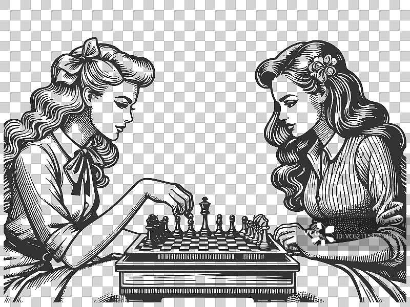 女性下棋的雕刻素描图片素材
