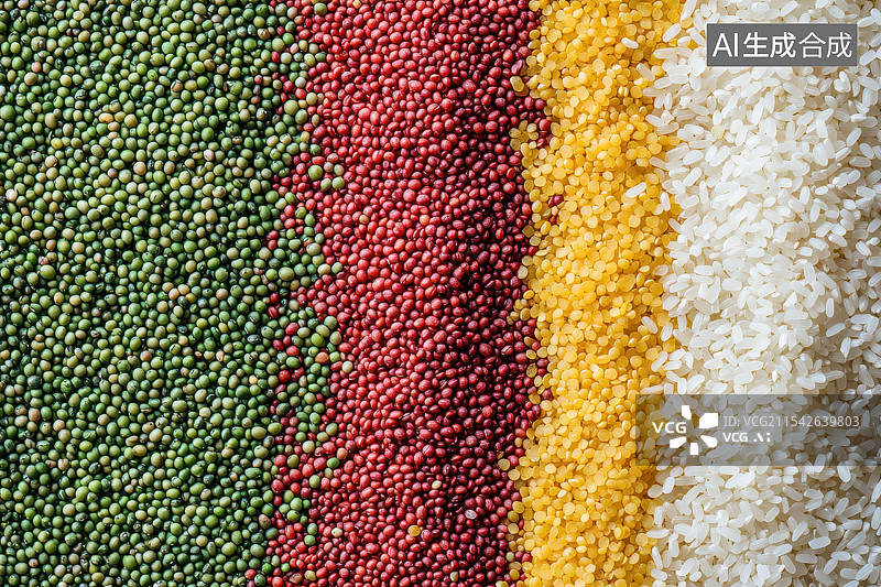 【AI数字艺术】拼接在一起的五谷杂粮组合大米黄小米红豆绿豆黄豆图片素材