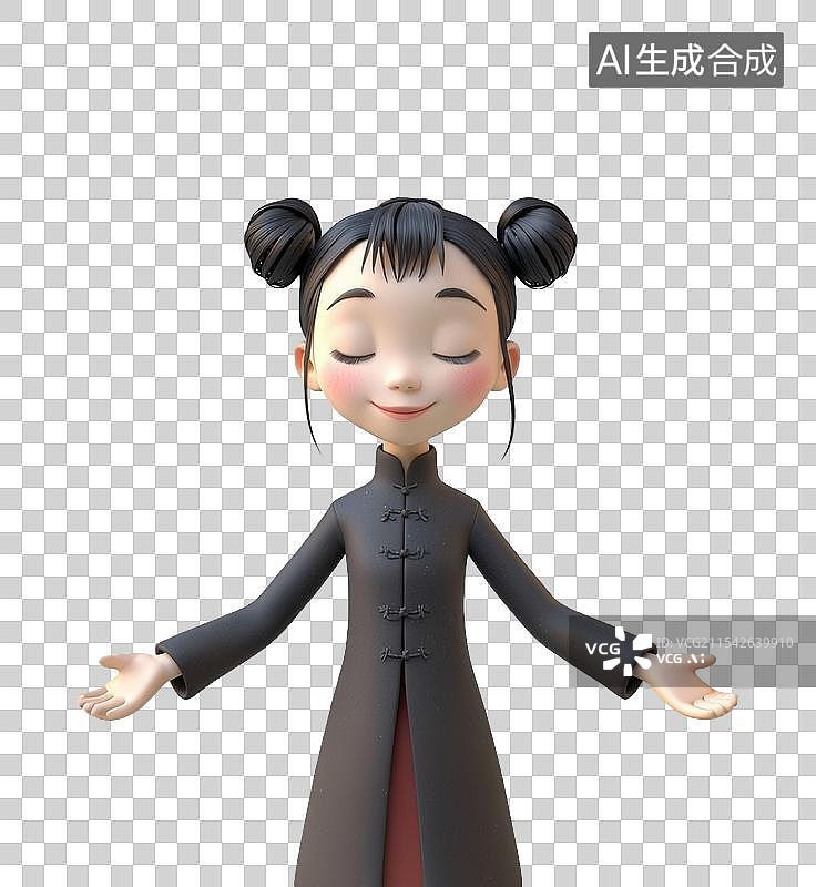 【AI数字艺术】3D一个少女闭眼冥想专注呼吸的运动锻炼健康拉伸做操国风免抠元素PNG透明背景图片素材