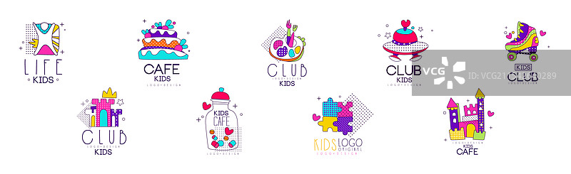 儿童俱乐部和多彩的土地标志与标签图片素材