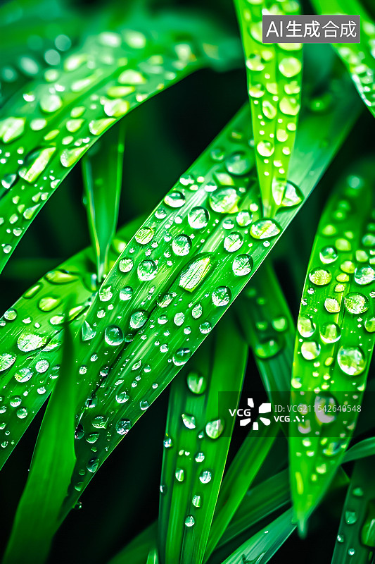 【AI数字艺术】春天草地叶子上雨露水滴的特写镜头图片素材