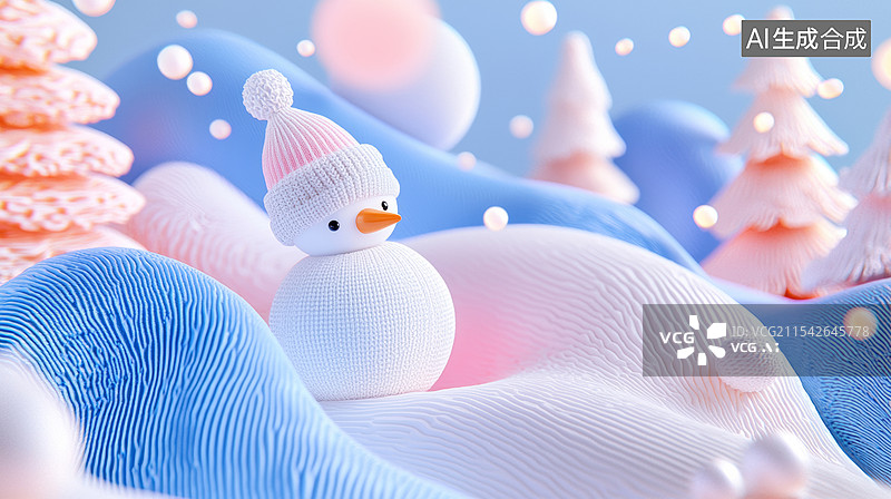 【AI数字艺术】3D编织针织冬季可爱风雪人松树曲线雪地商务时尚艺术插画蓝色白色粉色清新宁静圣诞节新年春节促销背景图片素材