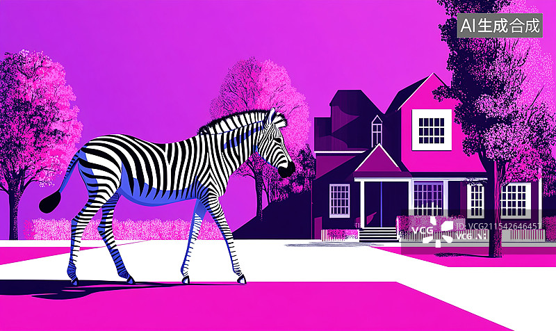 【AI数字艺术】生动动物扁平插画设计斑马与红房子。明亮色彩和复古优雅的抽象背景图片素材
