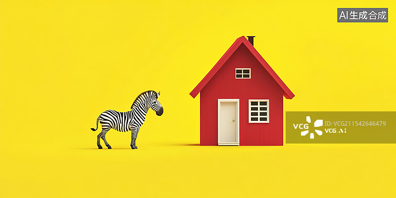 【AI数字艺术】生动动物扁平插画设计斑马与红房子。明亮色彩和复古优雅的抽象背景图片素材