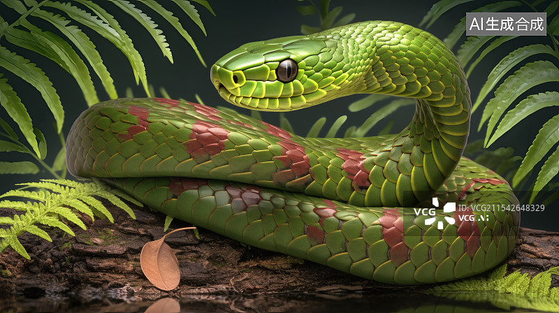 【AI数字艺术】一条青蛇盘在草丛中的枯树上图片素材