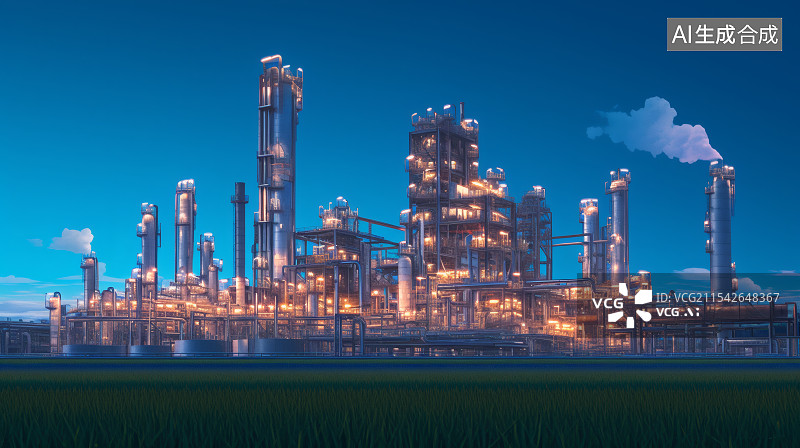 【AI数字艺术】夜晚的炼油厂灯火通明图片素材