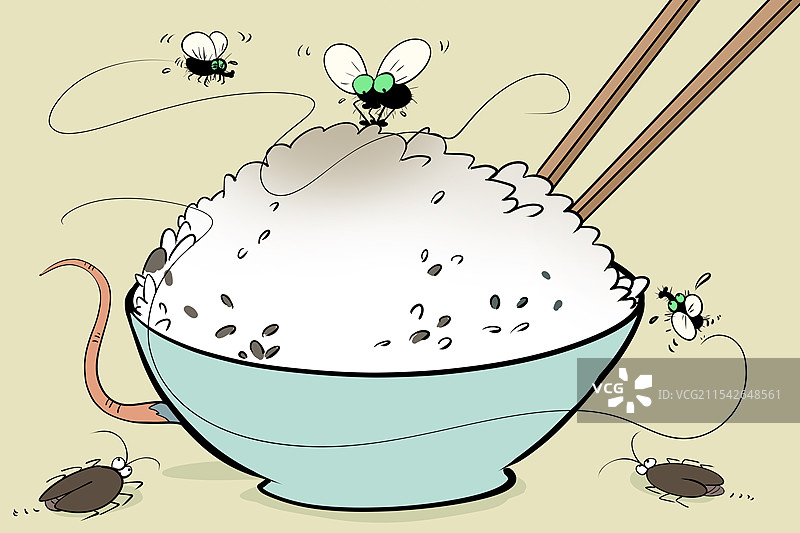 一碗馊了的饭爬满蟑螂苍蝇卡通漫画插图图片素材