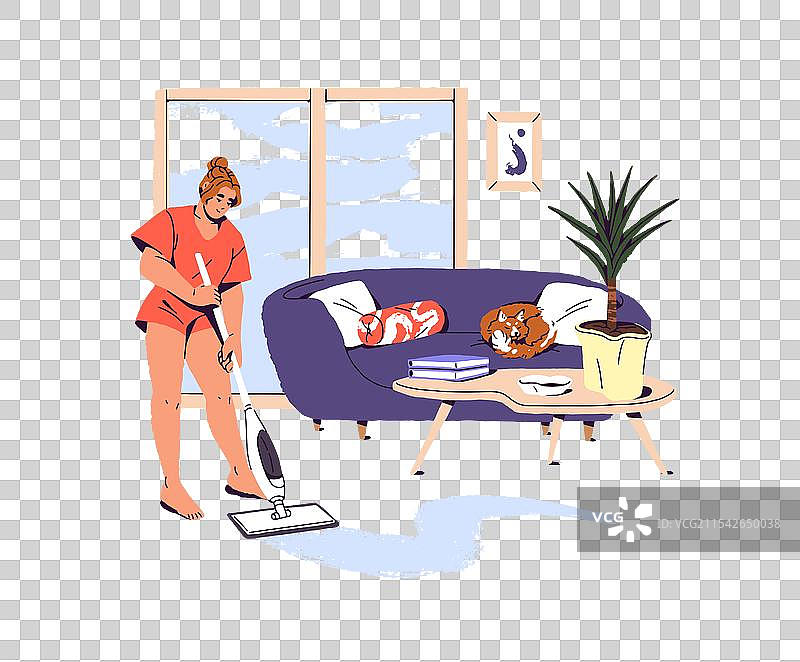 女孩在湿拖时用拖把擦地。图片素材