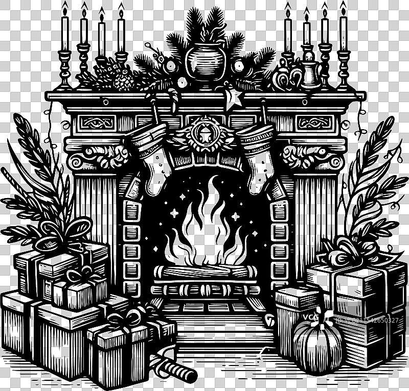 温馨的壁炉装饰着圣诞节礼物图片素材