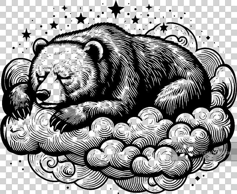 黑色背景中星星点缀的云朵上睡着的熊图片素材