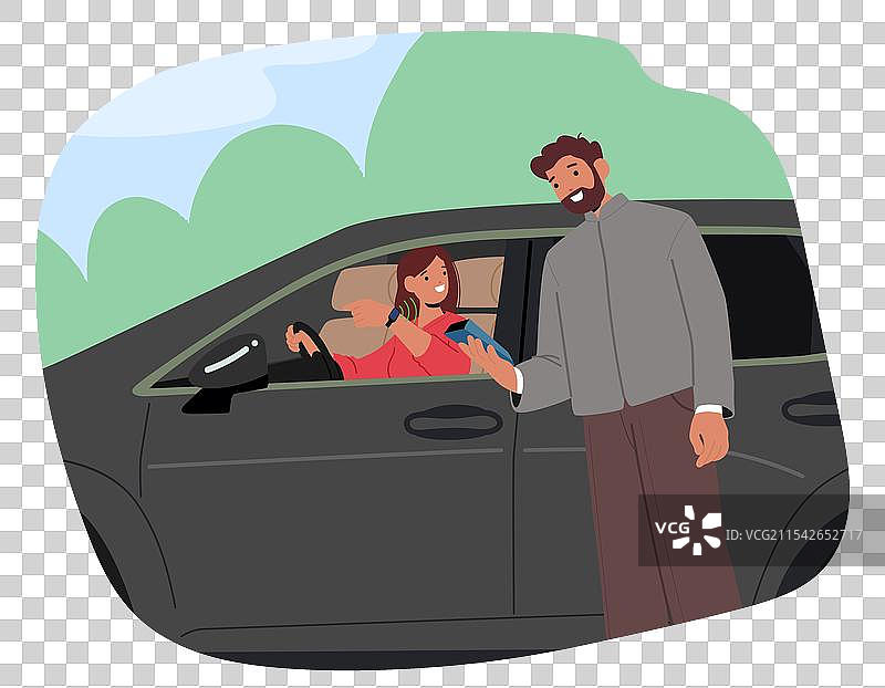 微笑的女性在车内进行无接触支付图片素材