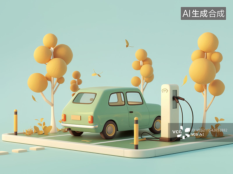 【AI数字艺术】卡通新能源汽车绿色低碳出行概念背景图片素材
