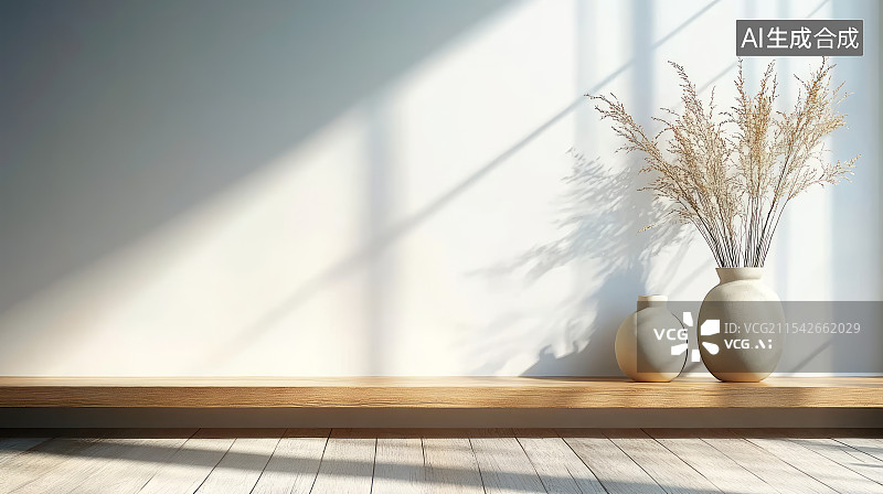 【AI数字艺术】阳光下靠墙木桌上花瓶的特写图片素材