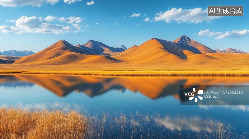 【AI数字艺术】秋季高原沙漠湖泊水面倒影图片素材