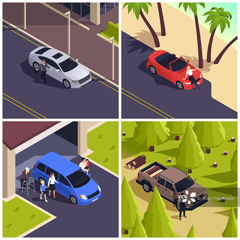 城市和自然中的等距车辆场景图片素材