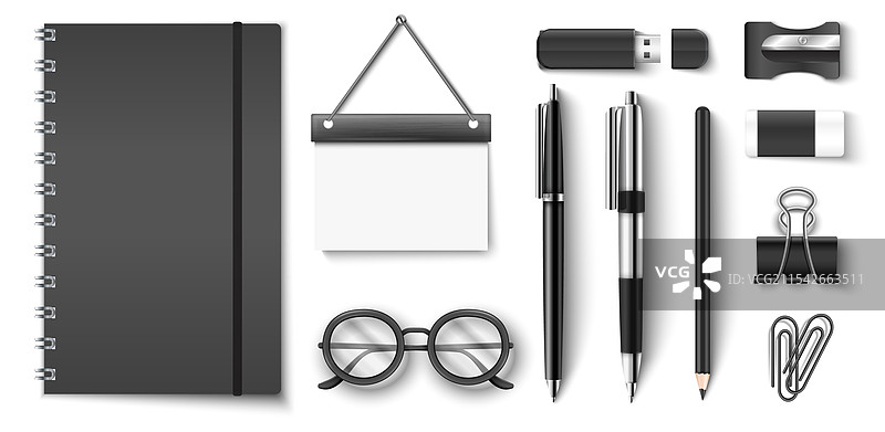 黑色文具用品的平铺展示图片素材