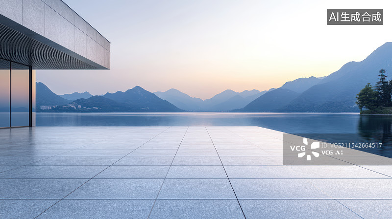 【AI数字艺术】建筑广场地面平坦与湖泊山水风光图片素材