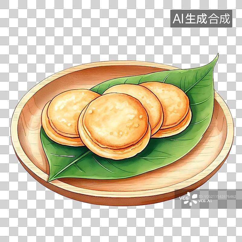 【AI数字艺术】国风手绘插画，中式传统美食小吃，牛肉馅饼，烧饼，铜锣烧，免抠元素图片素材