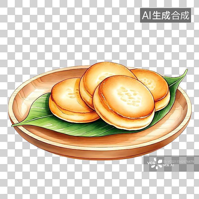 【AI数字艺术】国风手绘插画，中式传统美食小吃，牛肉馅饼，烧饼，铜锣烧，免抠元素图片素材