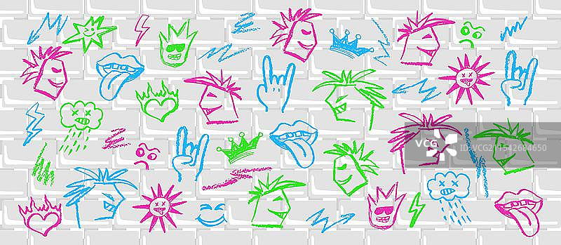 彩色砖墙上的颓废摇滚乐队设置图片素材