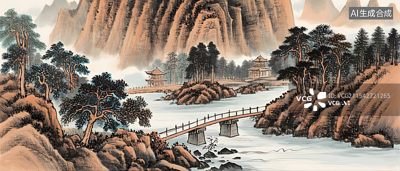 【AI数字艺术】国画高山流水小桥图片素材