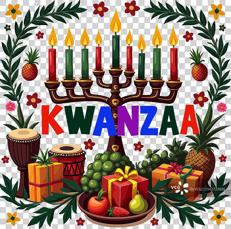 色彩斑斓的宽扎艺术，包含烛台、鼓和水果图片素材