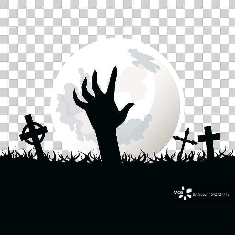 黑色背景下的僵尸手与闪耀的月亮图片素材