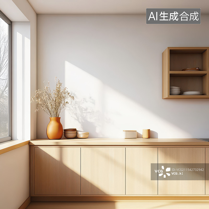 【AI数字艺术】日式极简风格的窗边阳光照进的家居装饰图片素材