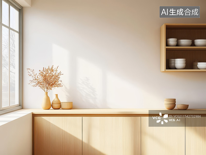 【AI数字艺术】日式极简风格的窗边阳光照进的家居装饰图片素材