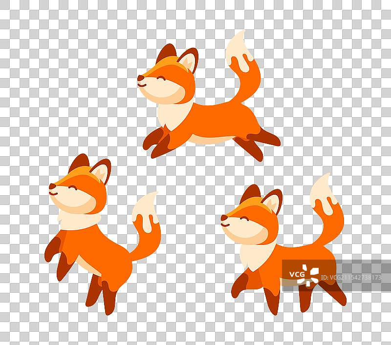 三只卡通狐狸在奔跑、跳跃和玩耍图片素材