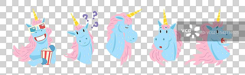 有角的搞笑独角兽角色与不同的特点图片素材