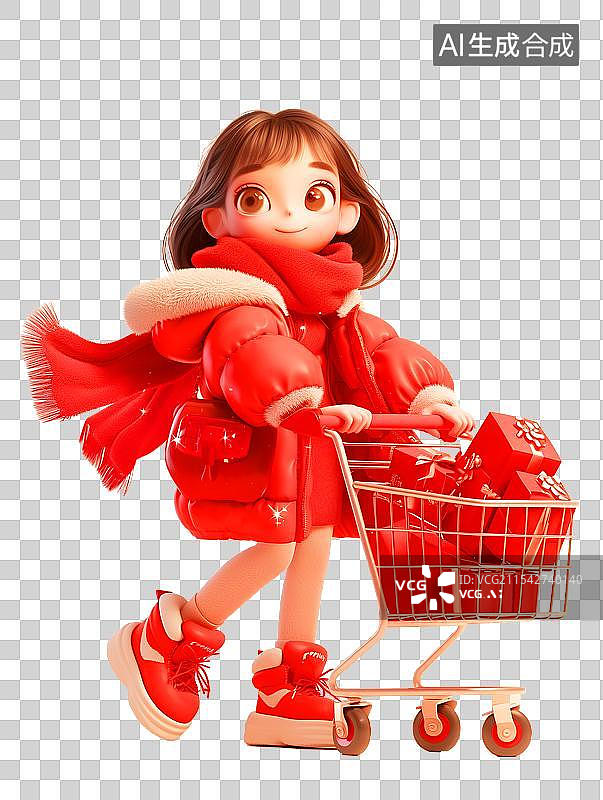 【AI数字艺术】3D春节免抠元素喜庆红色服饰卡通人物购物女孩图片素材
