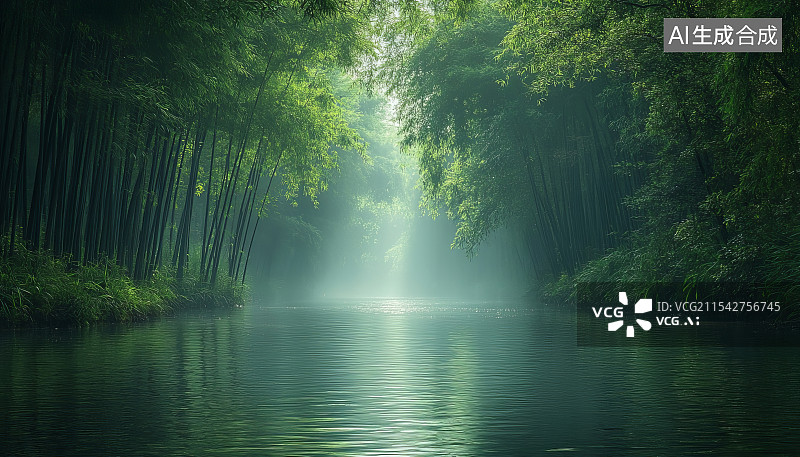 【AI数字艺术】雾气朦胧的湖边竹林图片素材