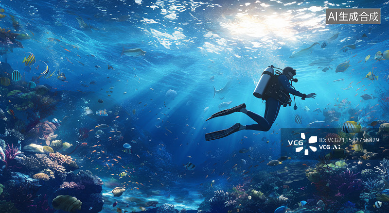 【AI数字艺术】梦幻海底世界与潜水员图片素材