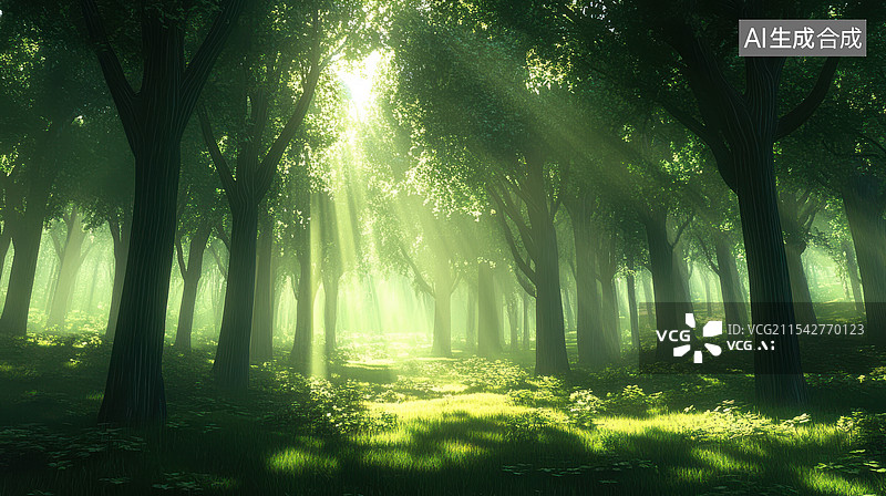 【AI数字艺术】绿色森林里的阳光图片素材