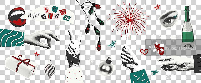 节日新年贴纸套装，带有切割半色调设计图片素材