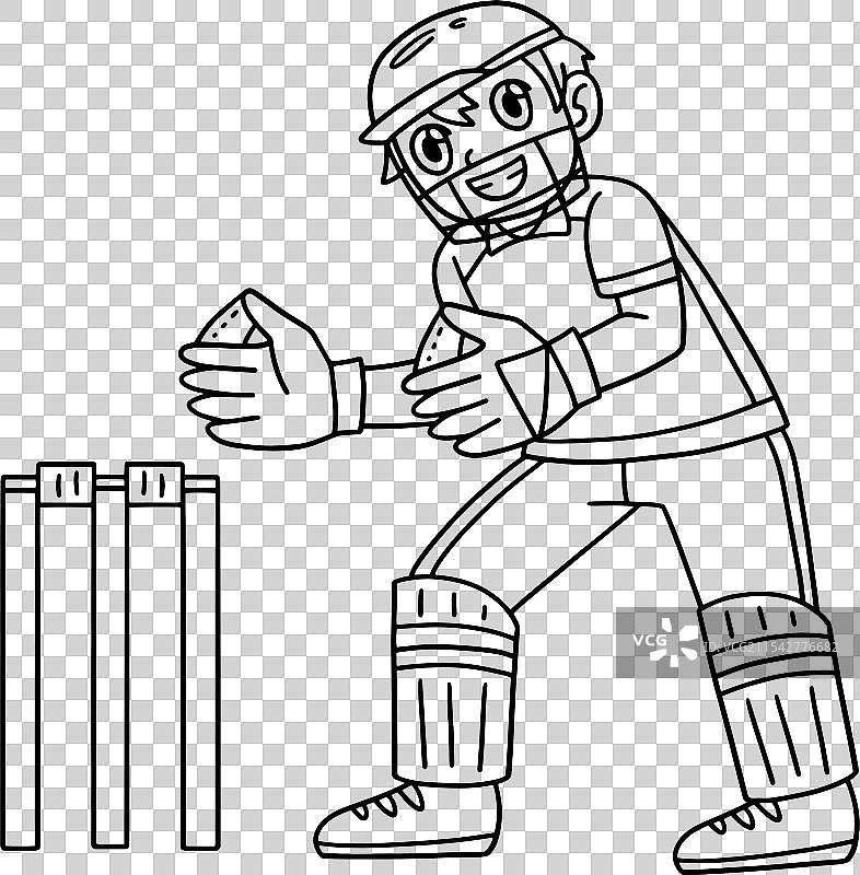 蹲着的板球守门员，孤立的涂色图案图片素材