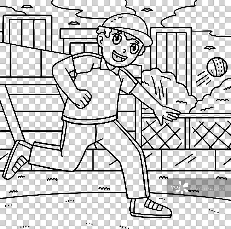 板球场上的外野手投回球的涂色图图片素材