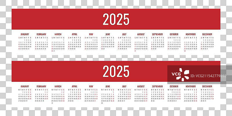 2025年日历从星期日和星期一开始图片素材